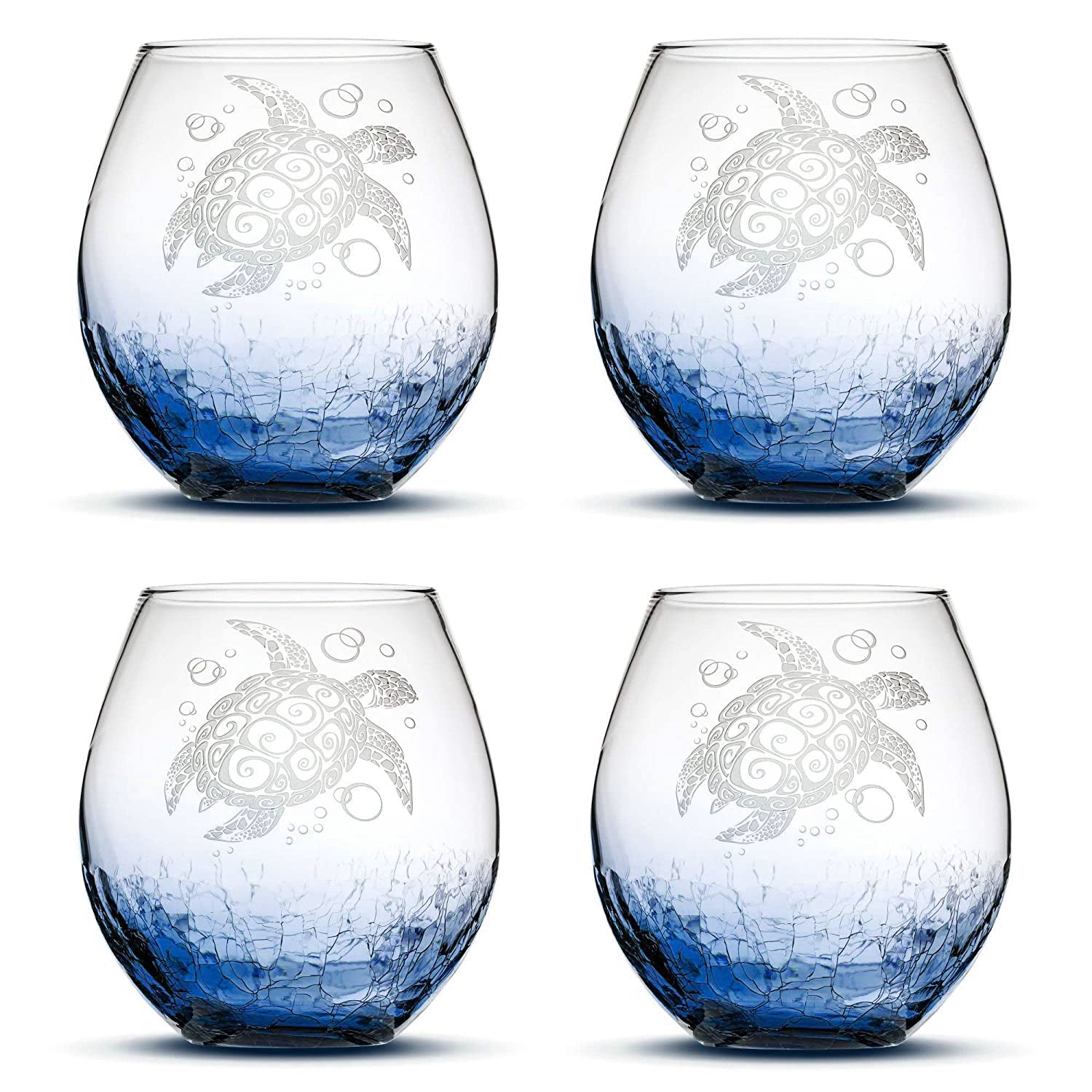 Crackle Wine Glass with Tribal Sea Turtle Design, Set of 4, Laser Etched or Hand Etched