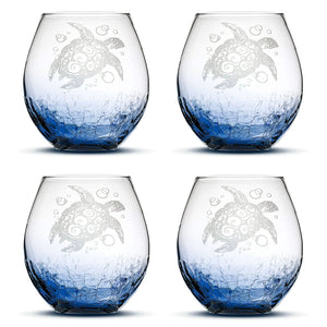 Crackle Wine Glass with Tribal Sea Turtle Design, Set of 4, Hand Etched