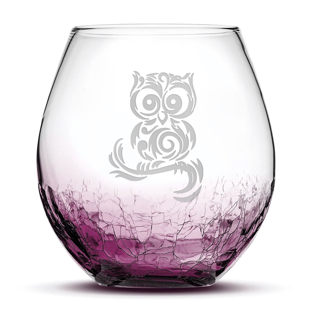 Crackle Wine Glass, Tribal Owl Design, Laser Etched or Hand Etched, 18oz