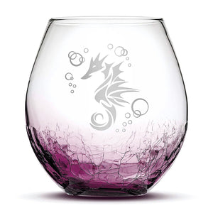 Crackle Wine Glass, Seahorse Design, Hand Etched, 18oz