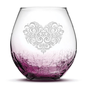 Crackle Wine Glass, Tribal Heart Design, Laser Etched or Hand Etched, 18oz