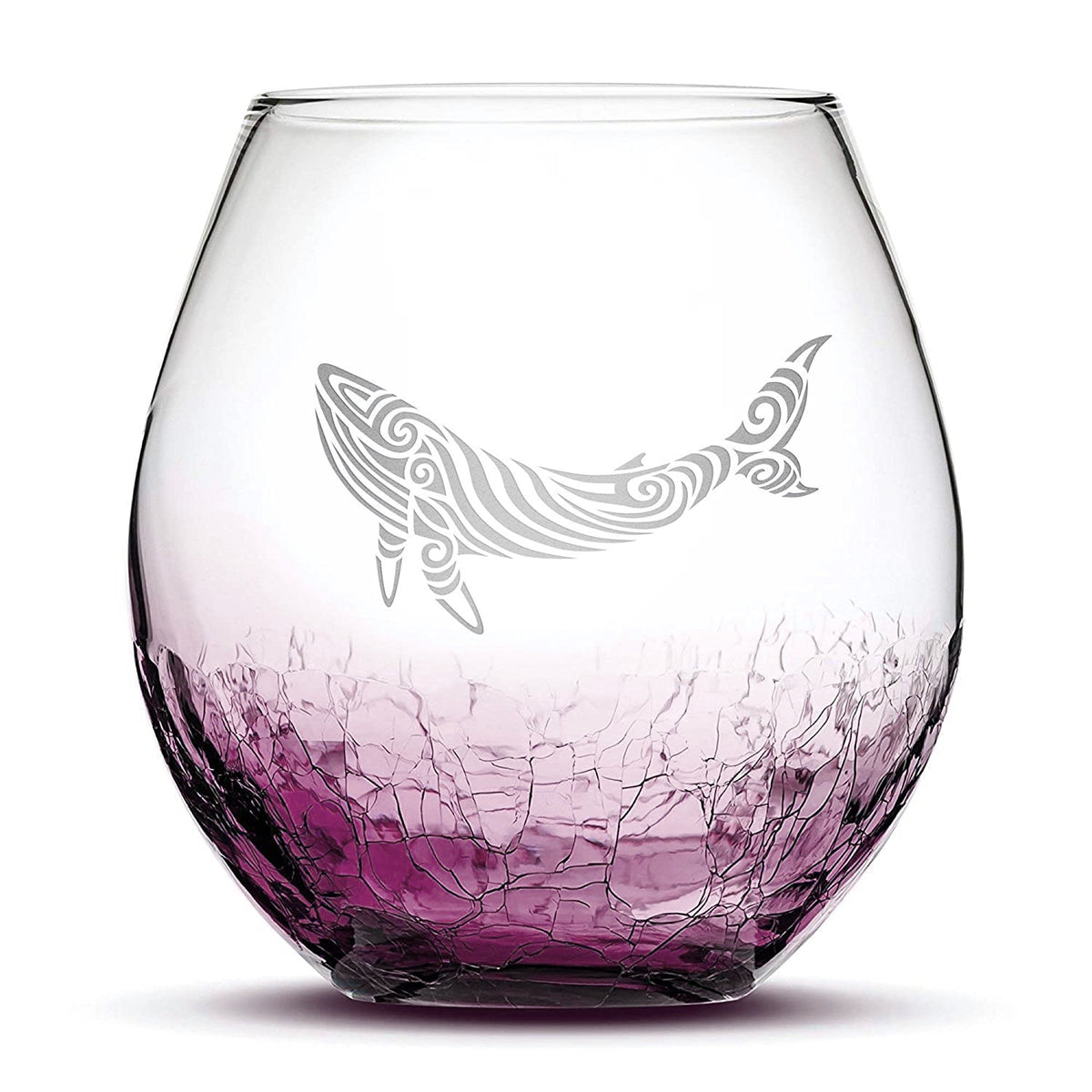 Crackle Wine Glass, Whale Design, Hand Etched, 18oz - Integrity Bottles