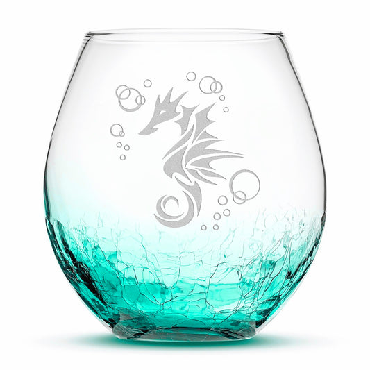 Crackle Wine Glass, Seahorse Design, Laser Etched or Hand Etched, 18oz