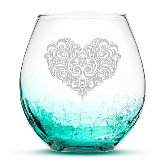 Crackle Wine Glass, Tribal Heart Design, Laser Etched or Hand Etched, 18oz