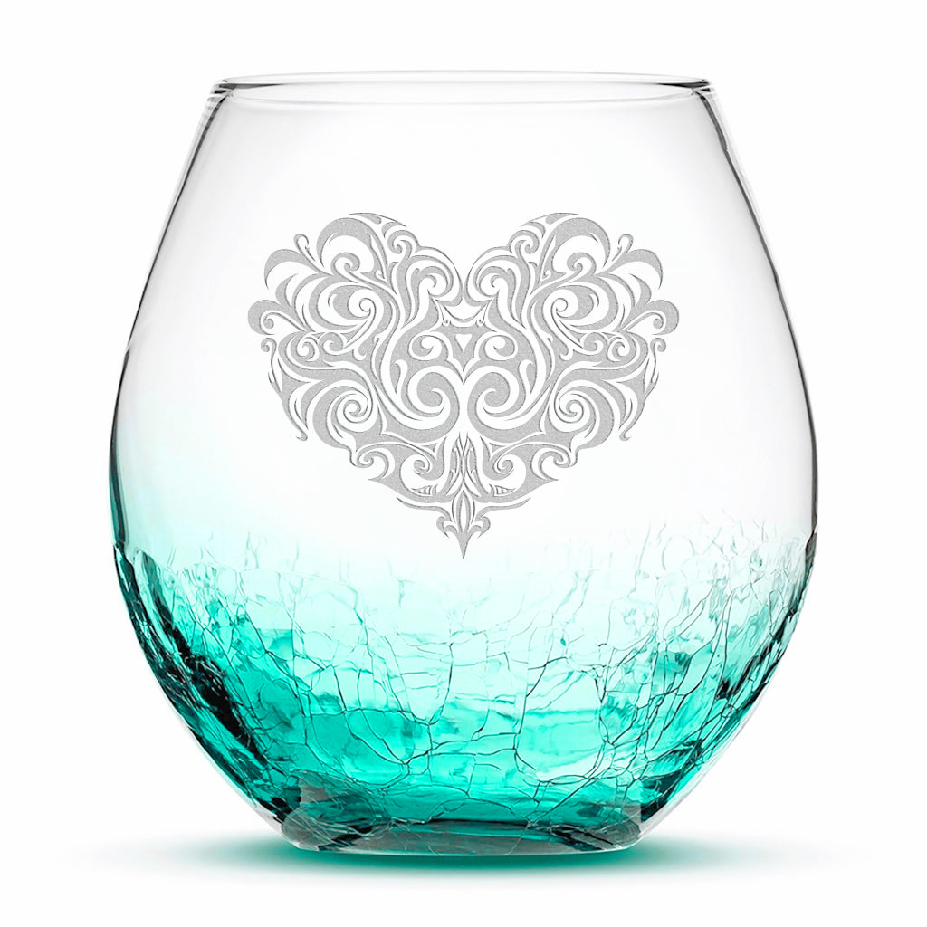 Crackle Wine Glass, Tribal Heart Design, Hand Etched, 18oz