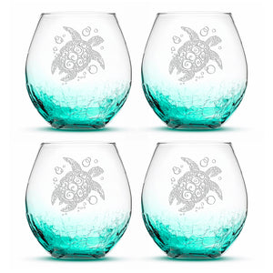 Crackle Wine Glass with Tribal Sea Turtle Design, Set of 4, Laser Etched or Hand Etched