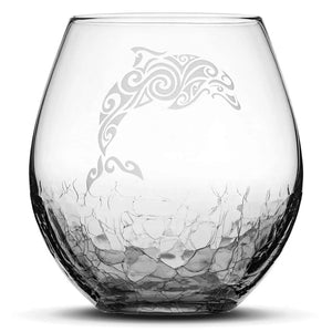 Less Than Perfect Crackle Teal Wine Glass, Dolphin Design, Hand Etched, 18oz
