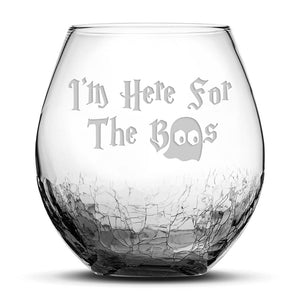 Crackle Wine Glass, I'm Here for the Boo's, Hand Etched, 18oz