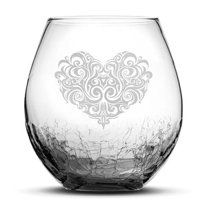 Crackle Wine Glass, Tribal Heart Design, Hand Etched, 18oz