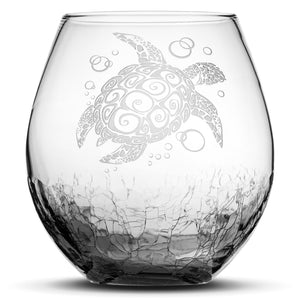 Crackle Wine Glass, Sea Turtle Design, Laser Etched or Hand Etched, 18oz