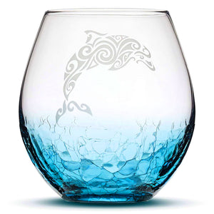 Crackle Wine Glass, Dolphin Design, Laser Etched or Hand Etched, 18oz