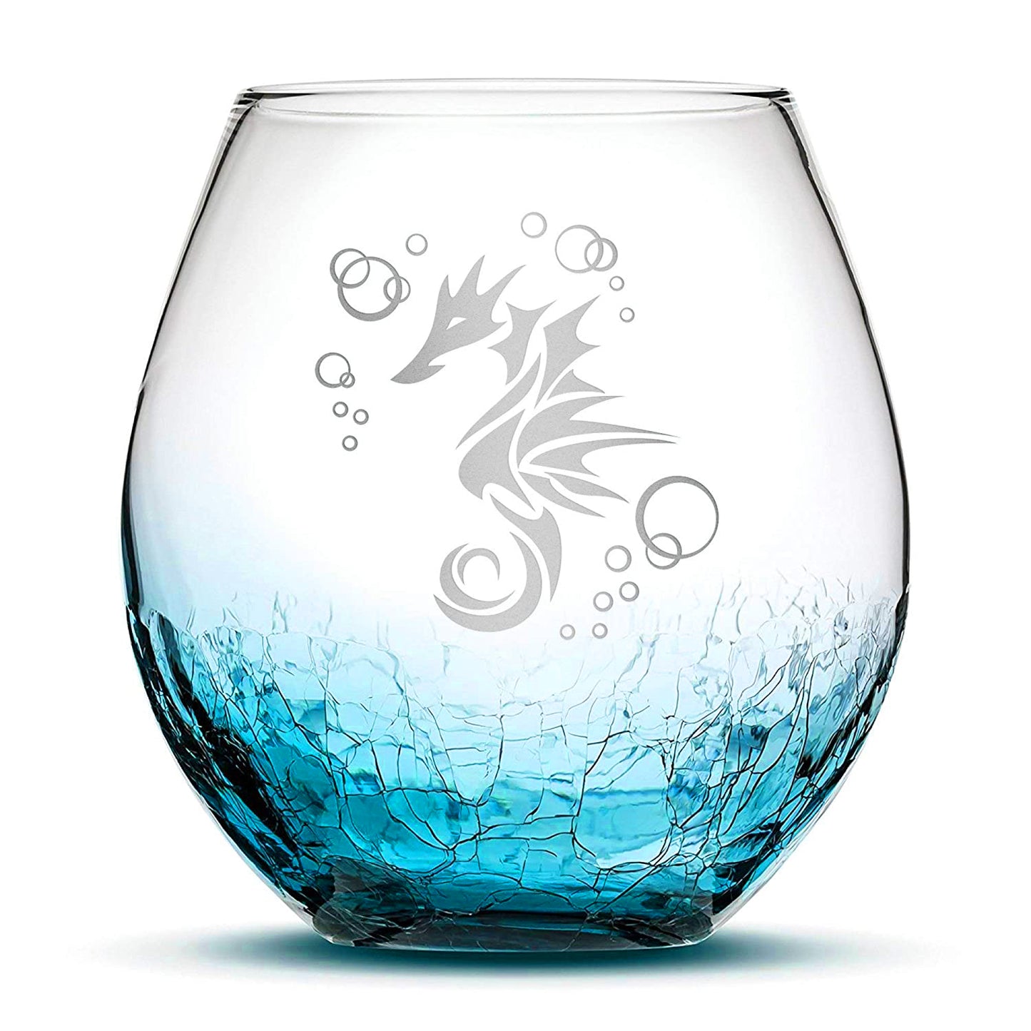 Crackle Wine Glass, Seahorse Design, Laser Etched or Hand Etched, 18oz