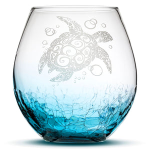 Crackle Wine Glass, Sea Turtle Design, Hand Etched, 18oz
