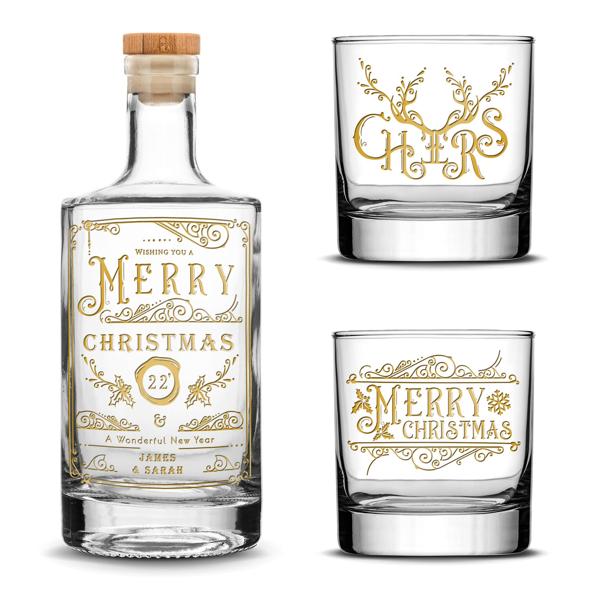 Customizable Christmas Jersey Bottle Set with 2 Christmas Whiskey Glasses, Laser Etched or Hand Etched