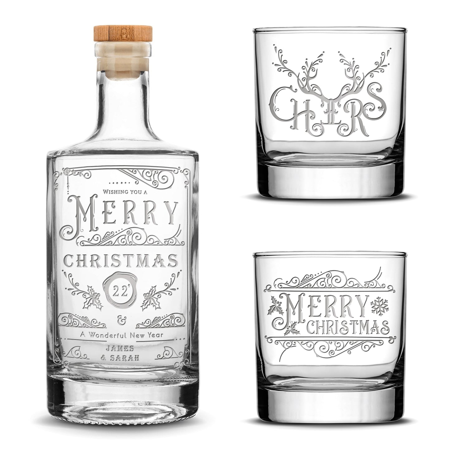 Customizable Christmas Jersey Bottle Set with 2 Christmas Whiskey Glasses, Laser Etched or Hand Etched