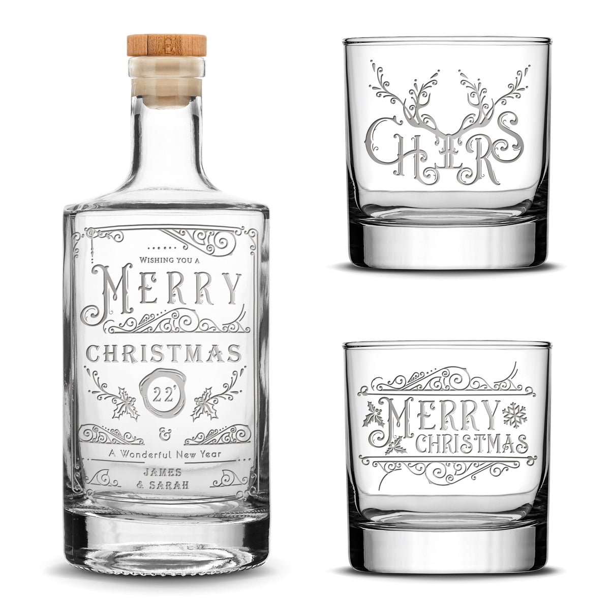 Customizable Christmas Jersey Bottle Set with 2 Christmas Whiskey Glasses, Laser Etched or Hand Etched