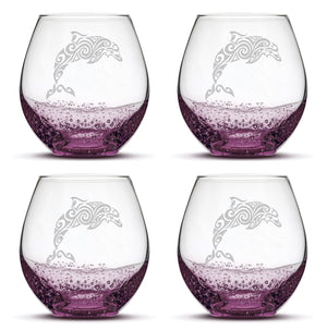 Bubble Wine Glasses with Tribal Dolphin, Set of 4, Hand Etched