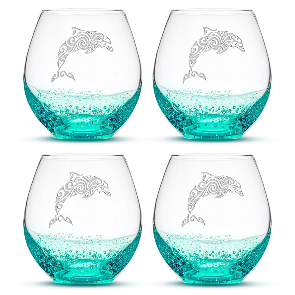 Bubble Wine Glasses with Tribal Dolphin, Set of 4, Hand Etched