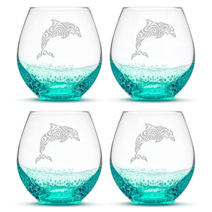Bubble Wine Glasses with Tribal Dolphin, Set of 4, Laser Etched or Hand Etched
