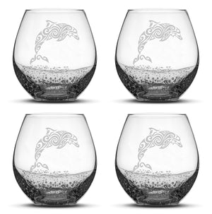 Bubble Wine Glasses with Tribal Dolphin, Set of 4, Laser Etched or Hand Etched