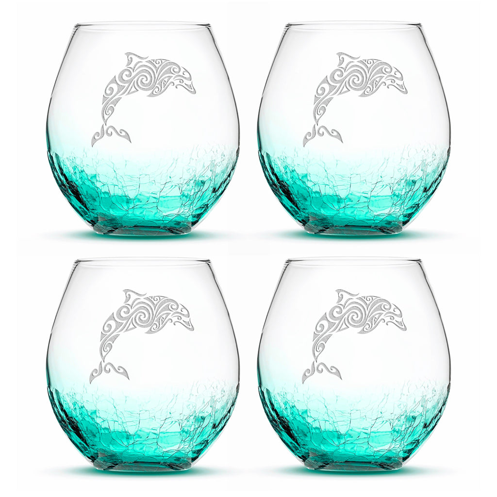 Crackle Wine Glasses with Tribal Dolphin, Set of 4, Hand Etched