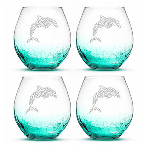 Crackle Wine Glasses with Tribal Dolphin, Set of 4, Laser Etched or Hand Etched