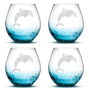 Crackle Wine Glasses with Tribal Dolphin, Set of 4, Laser Etched or Hand Etched