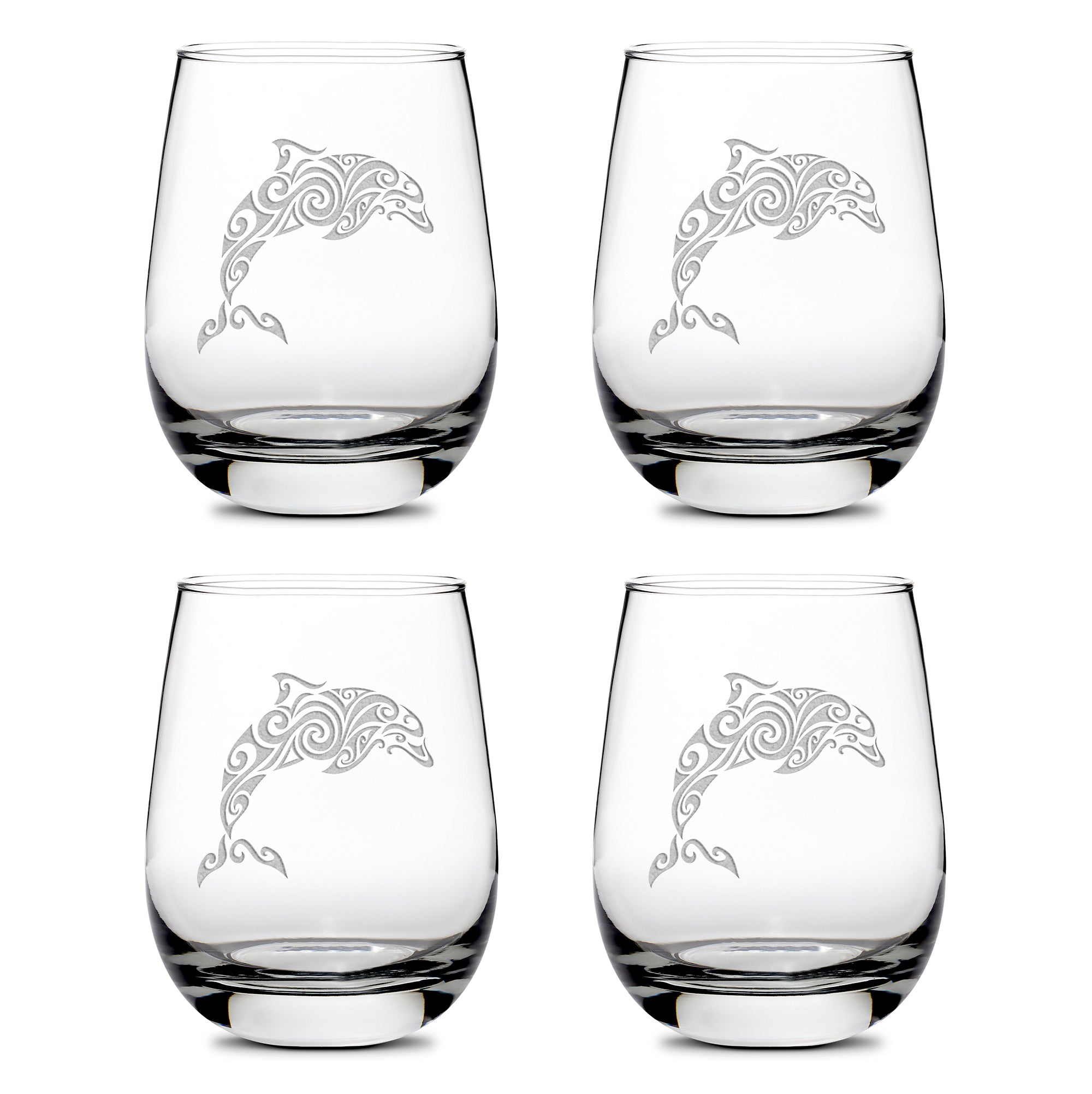 Stemless Wine Glasses, Tribal Dolphin Design, Set of 4, Laser Etched or Hand Etched