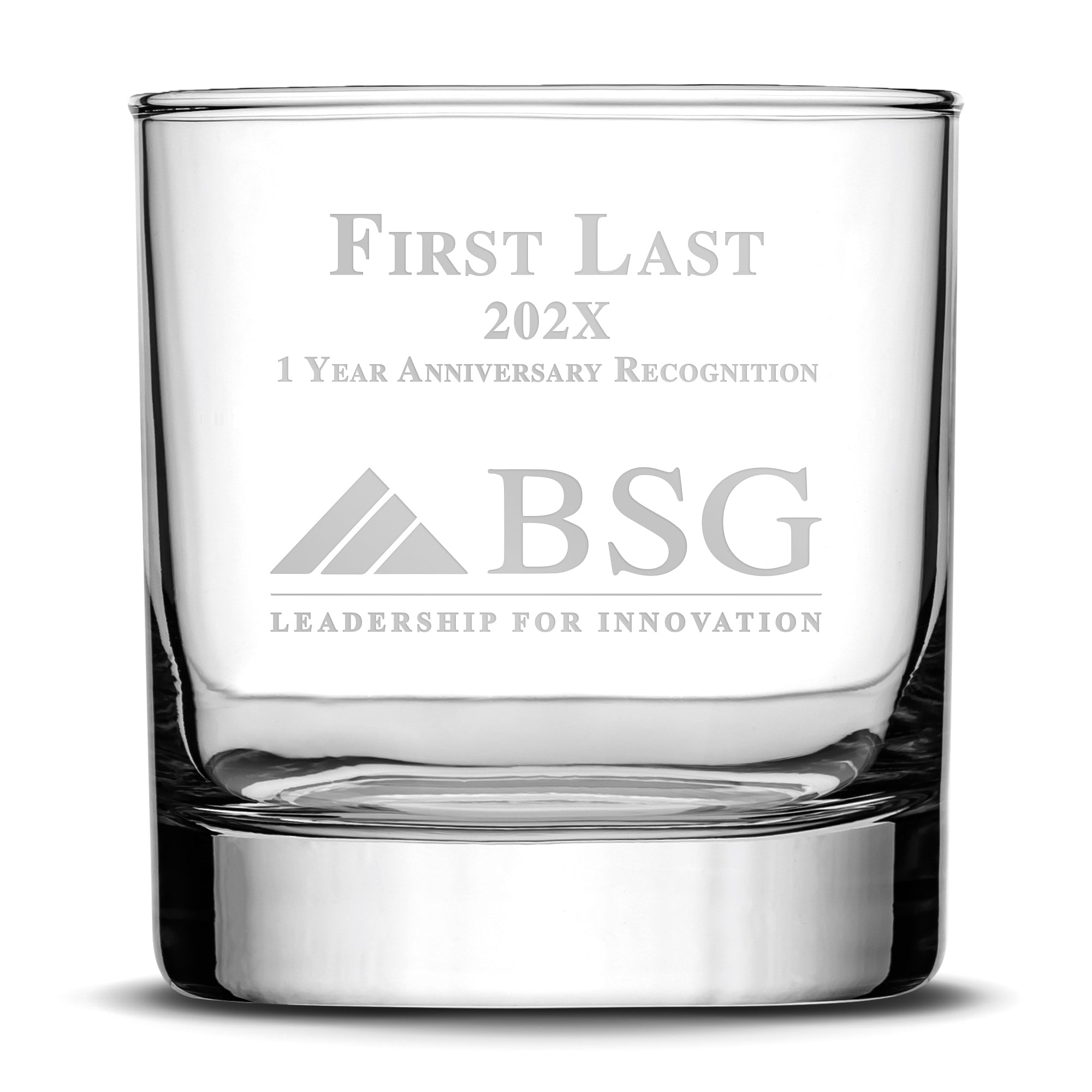 Custom BSG Whiskey Rocks Glass, Boston Search Group, Laser Etched or Hand Etched