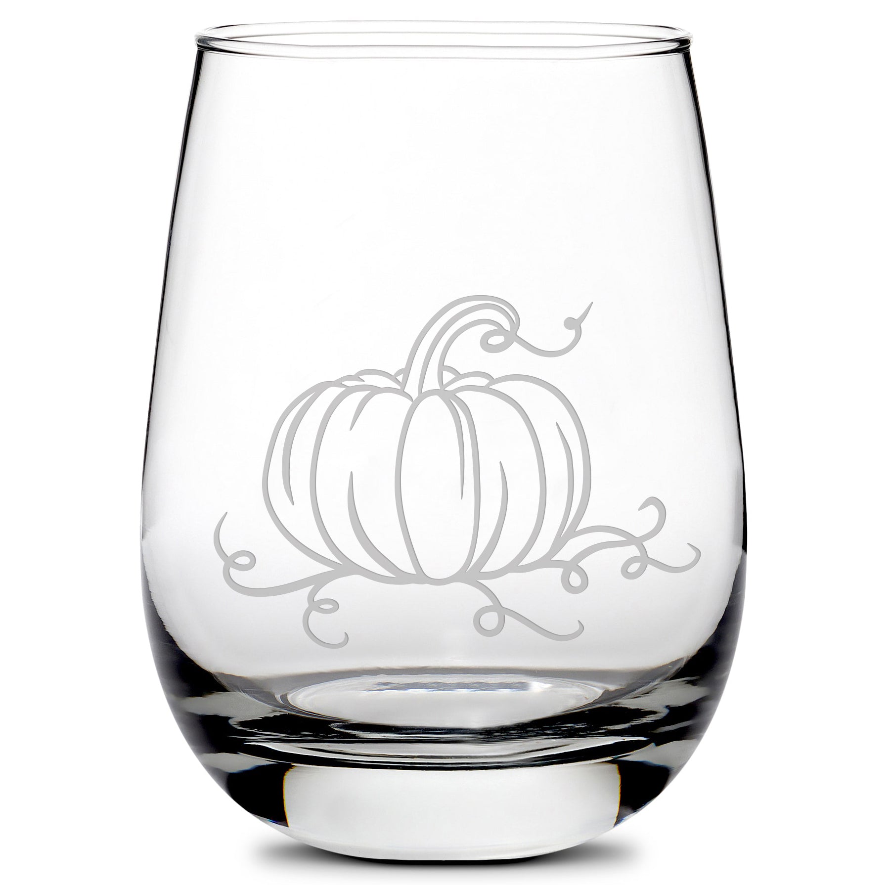 Premium Stemless Wine Glass, Fall Pumpkin, Laser Etched or Hand Etched, Made in USA, 16oz