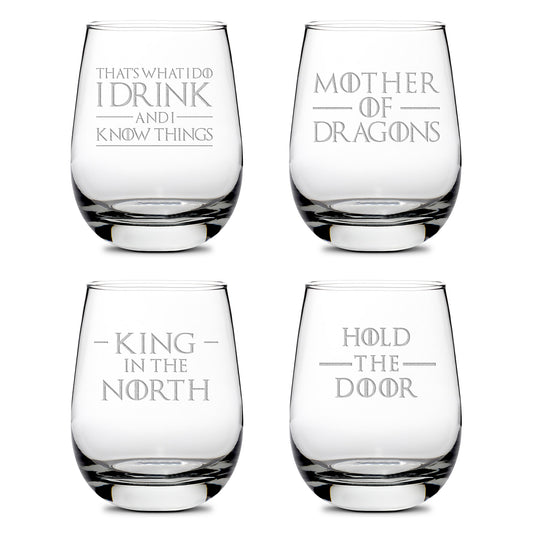 Premium Wine Glasses, Game of Thrones, I Drink and I Know Things, Mother of Dragons, King in the North, Hold the Door (Set of 4), Laser Etched or Hand Etched