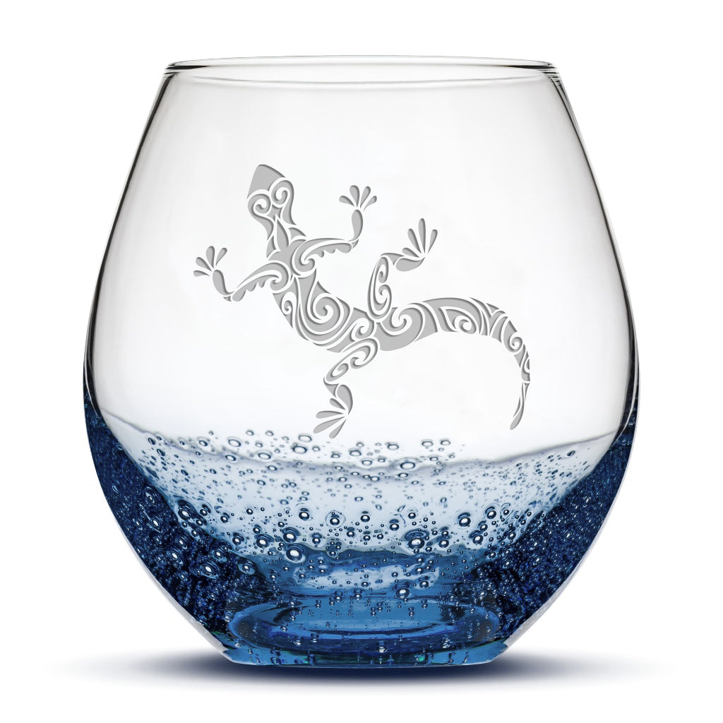 Bubble Wine Glass with Gecko Design, Laser Etched or Hand Etched