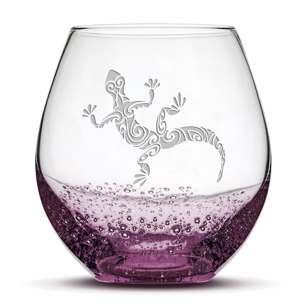 Bubble Wine Glass with Gecko Design, Laser Etched or Hand Etched
