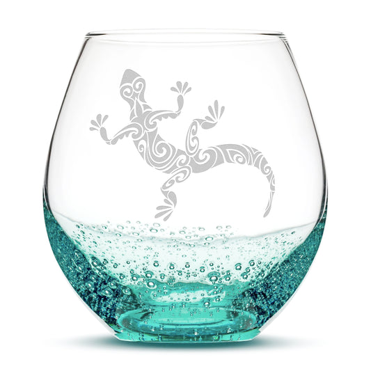 Bubble Wine Glass with Gecko Design, Laser Etched or Hand Etched