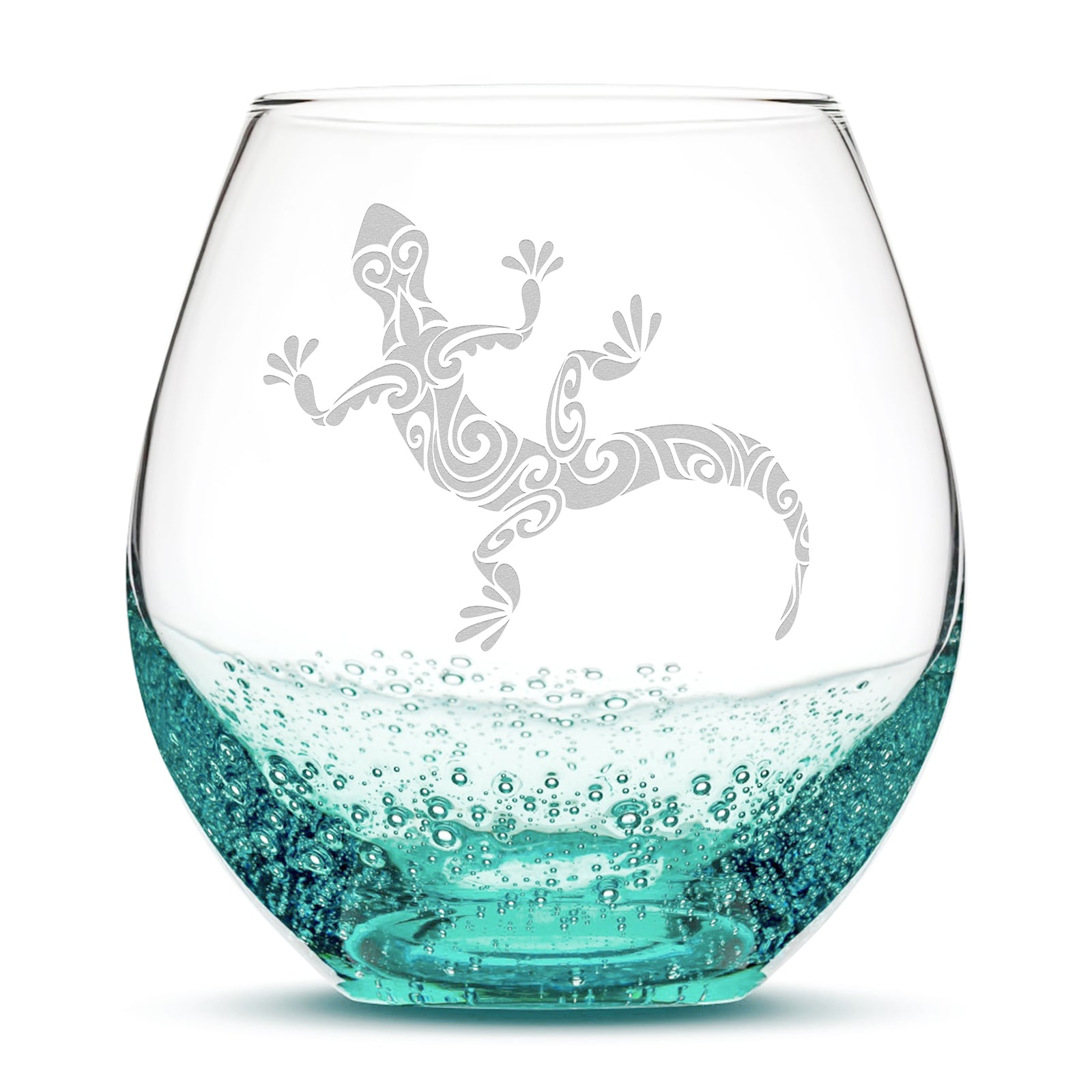 Bubble Wine Glass with Gecko Design, Laser Etched or Hand Etched