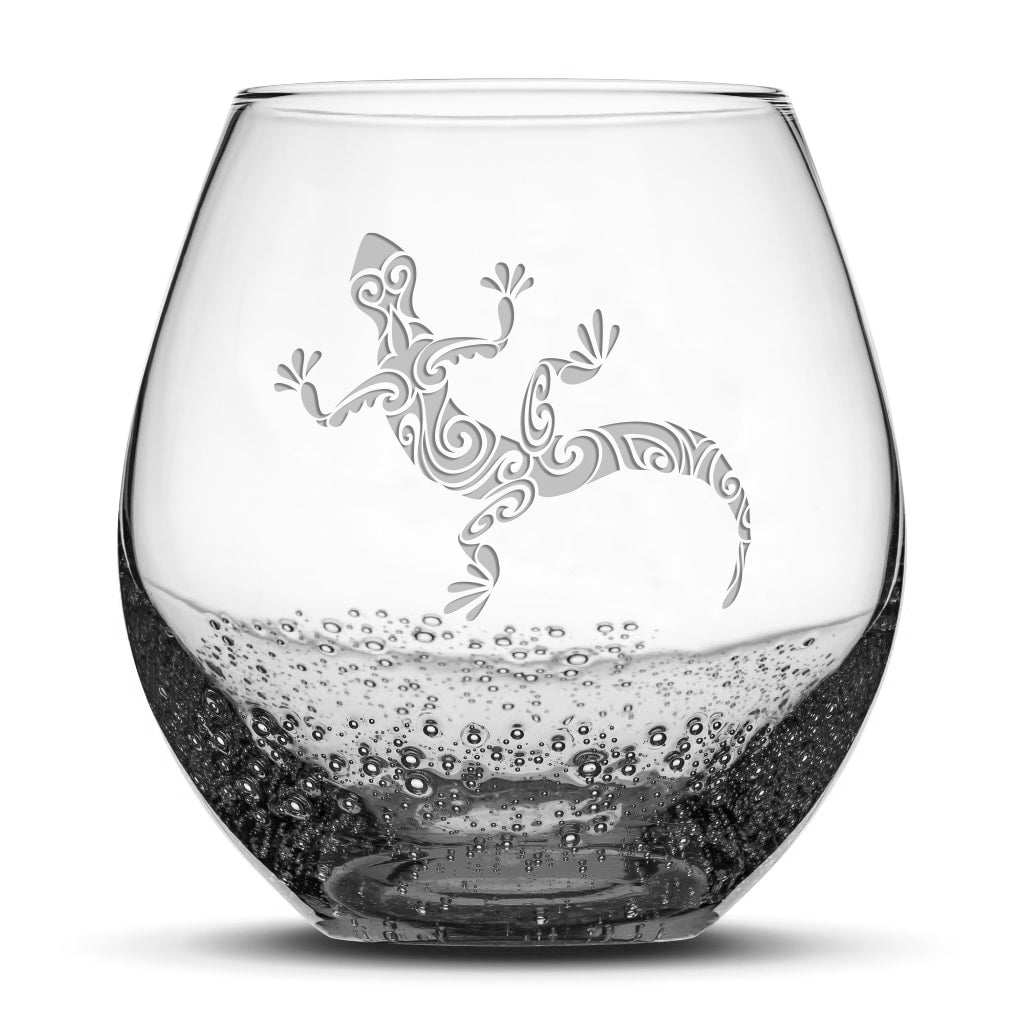 Bubble Wine Glass with Gecko Design, Laser Etched or Hand Etched
