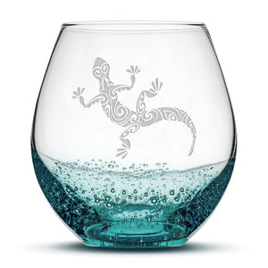 Bubble Wine Glass with Gecko Design, Laser Etched or Hand Etched