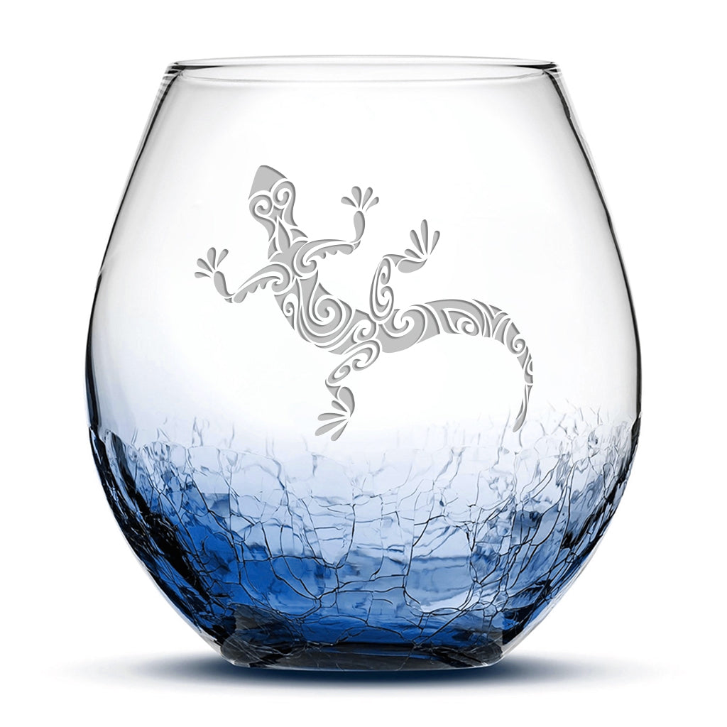 Crackle Wine Glass, Gecko Design, Laser Etched or Hand Etched, 18oz