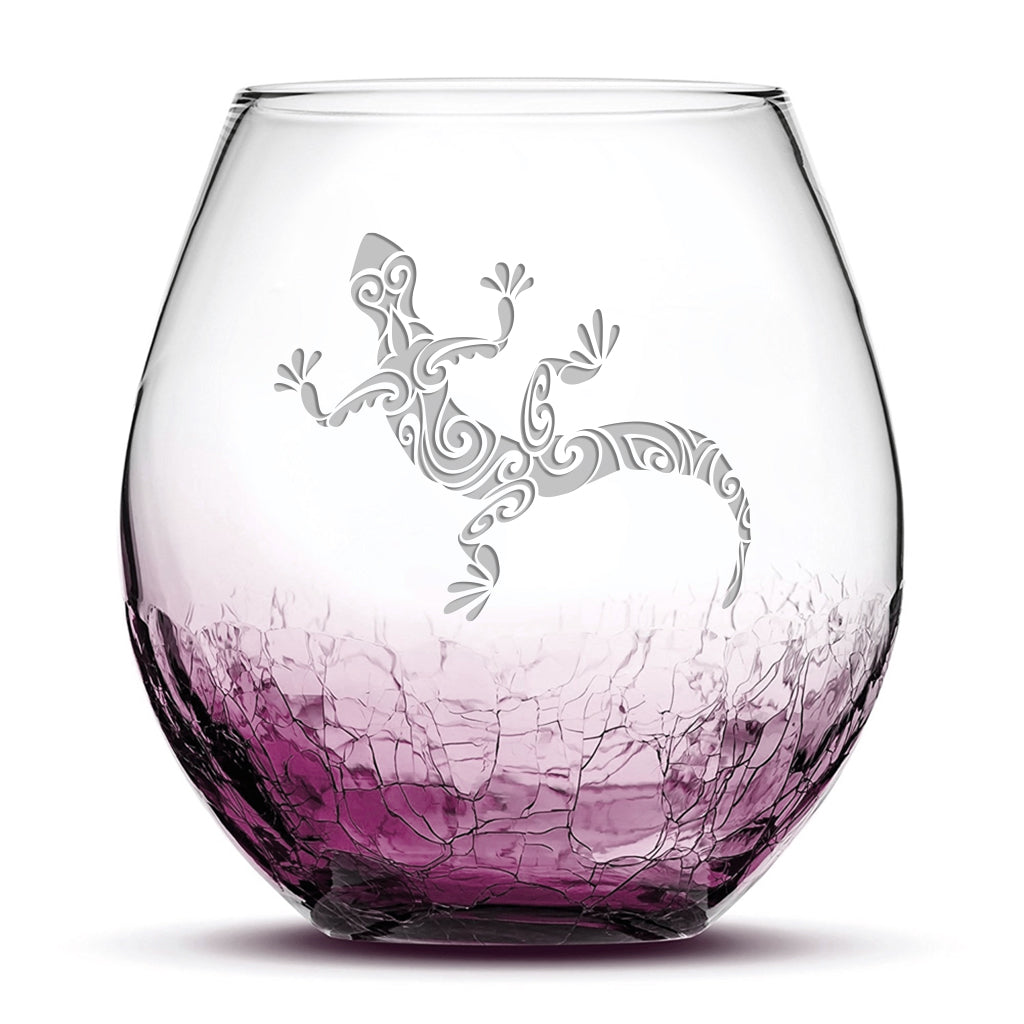 Crackle Wine Glass, Gecko Design, Laser Etched or Hand Etched, 18oz