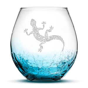Crackle Wine Glass, Gecko Design, Hand Etched, 18oz