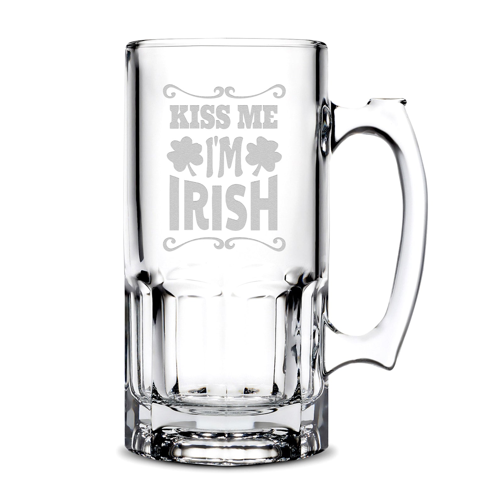 Premium Gibraltar Beer Mug, Kiss Me I'm Irish, 32oz, Laser Etched or Hand Etched