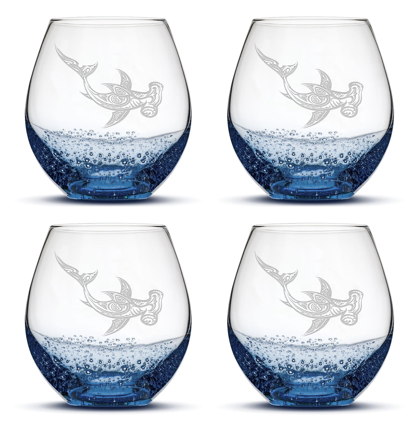 Bubble Wine Glasses with Tribal Hammerhead Shark, Set of 4, Laser Etched or Hand Etched