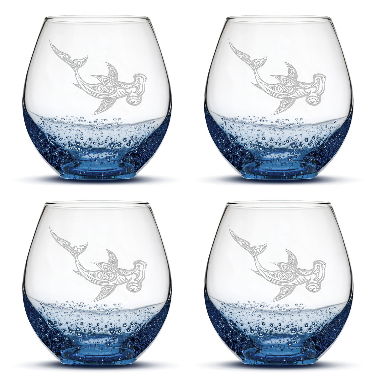 Bubble Wine Glasses with Tribal Hammerhead Shark, Set of 4, Laser Etched or Hand Etched
