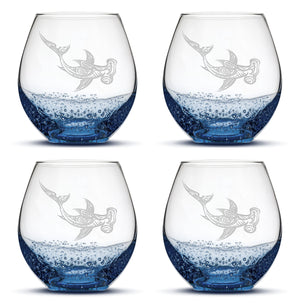 Bubble Wine Glasses with Tribal Hammerhead Shark, Set of 4, Hand Etched