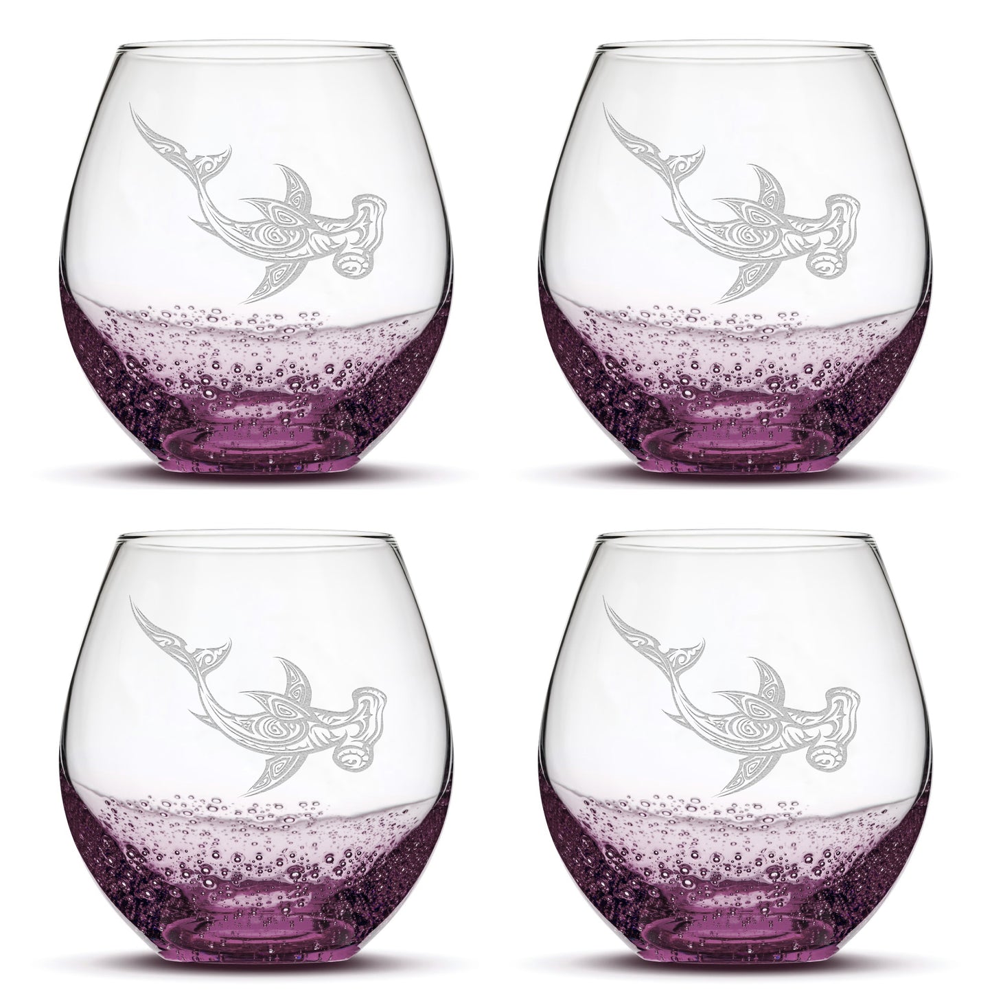 Bubble Wine Glasses with Tribal Hammerhead Shark, Set of 4, Laser Etched or Hand Etched