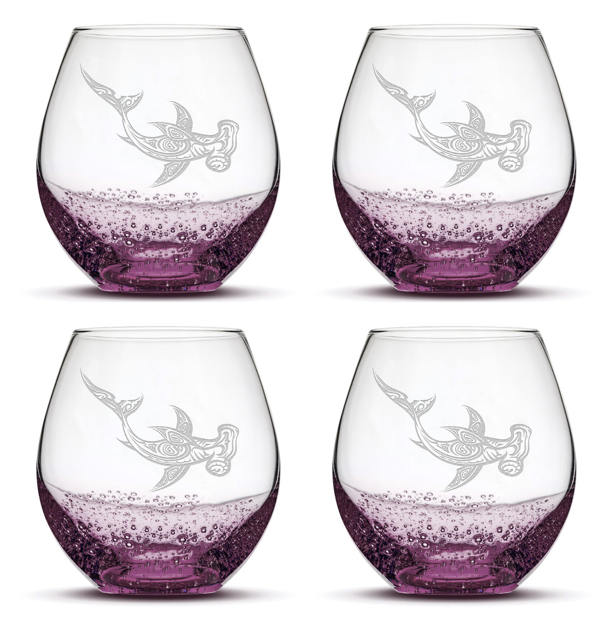 Bubble Wine Glasses with Tribal Hammerhead Shark, Set of 4, Laser Etched or Hand Etched