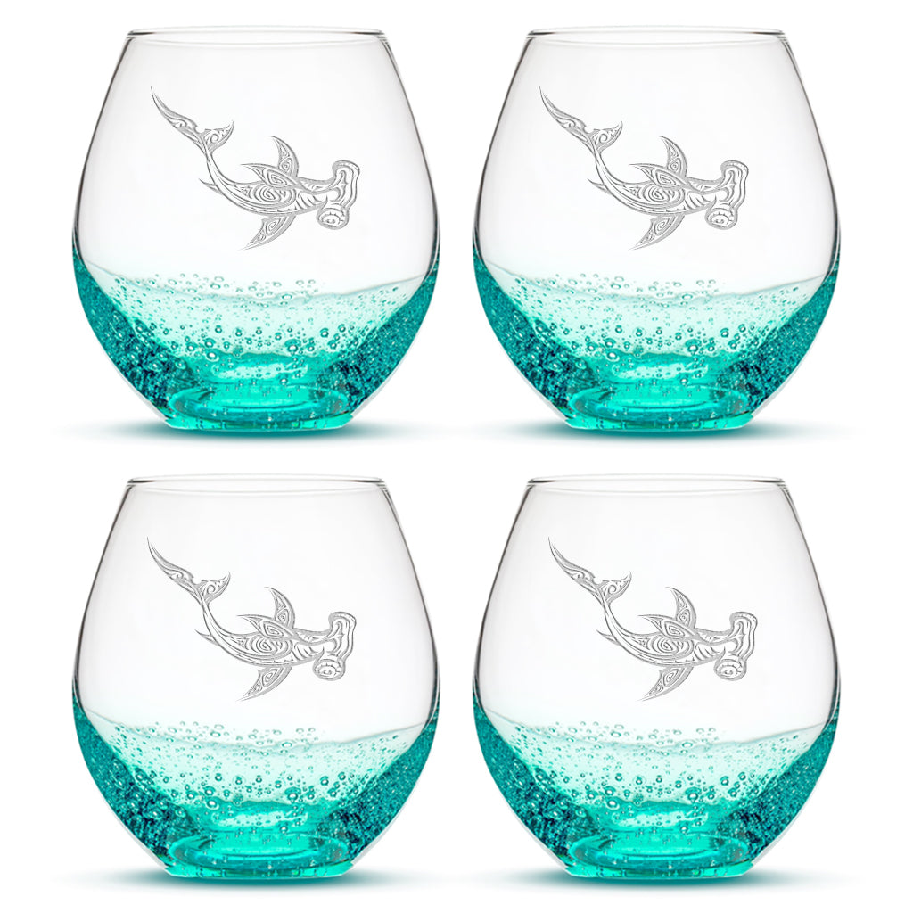 Bubble Wine Glasses with Tribal Hammerhead Shark, Set of 4, Laser Etched or Hand Etched