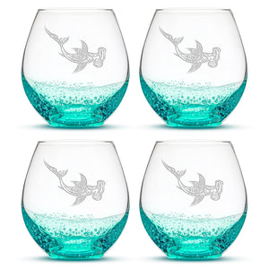 Bubble Wine Glasses with Tribal Hammerhead Shark, Set of 4, Laser Etched or Hand Etched