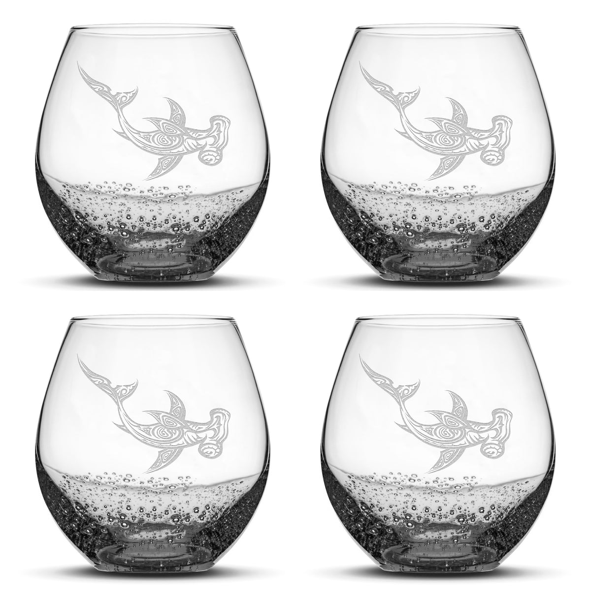 Bubble Wine Glasses with Tribal Hammerhead Shark, Set of 4, Laser Etched or Hand Etched