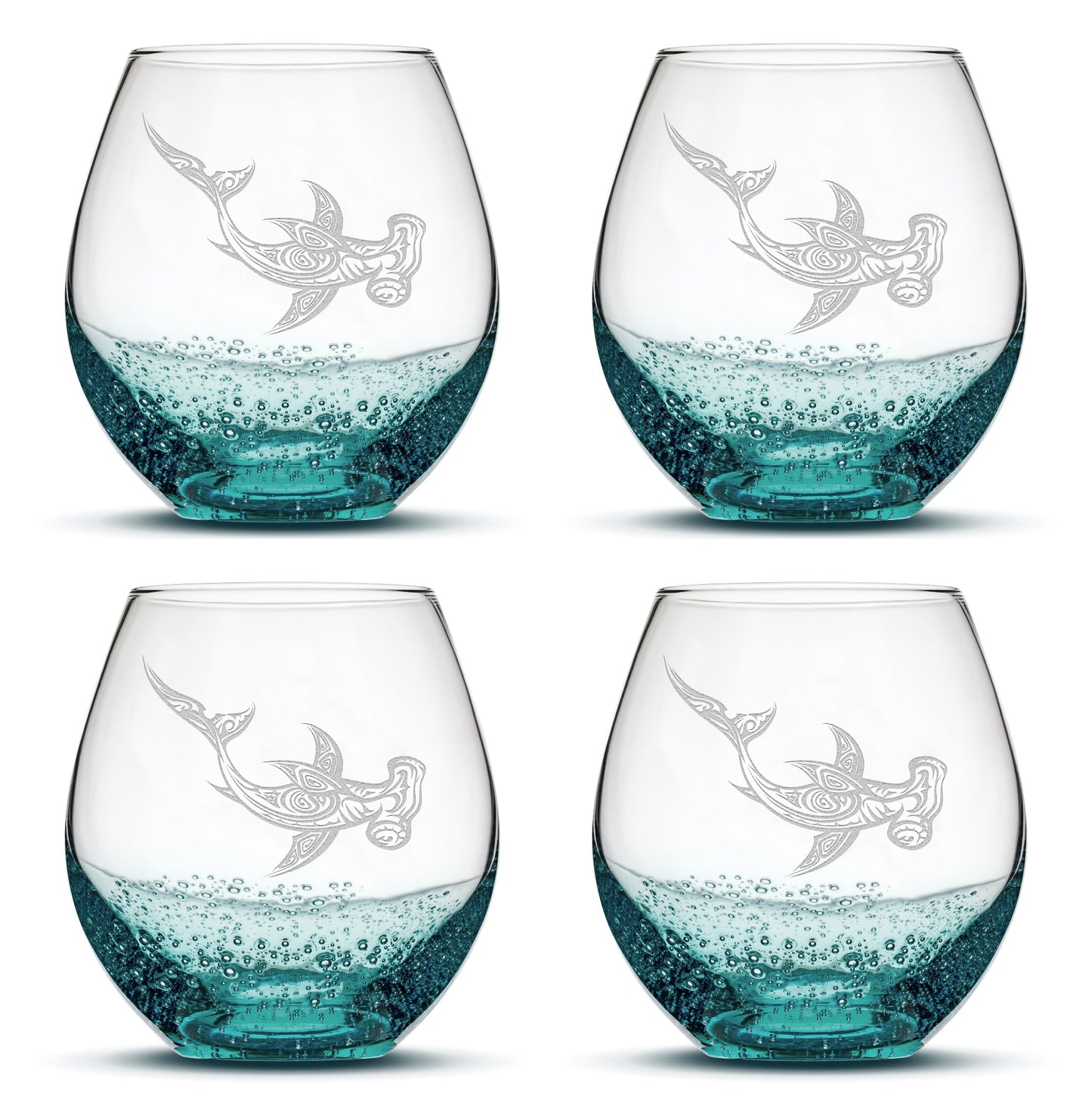 Bubble Wine Glasses with Tribal Hammerhead Shark, Set of 4, Laser Etched or Hand Etched